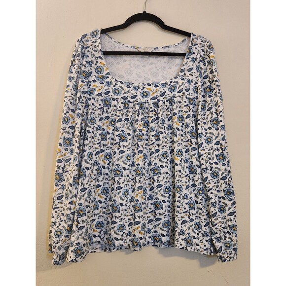 Lucky Brand Women's Size XXL Blue Floral Cotton Pleated Square Neck Peasant Top‎ - Picture 1 of 10